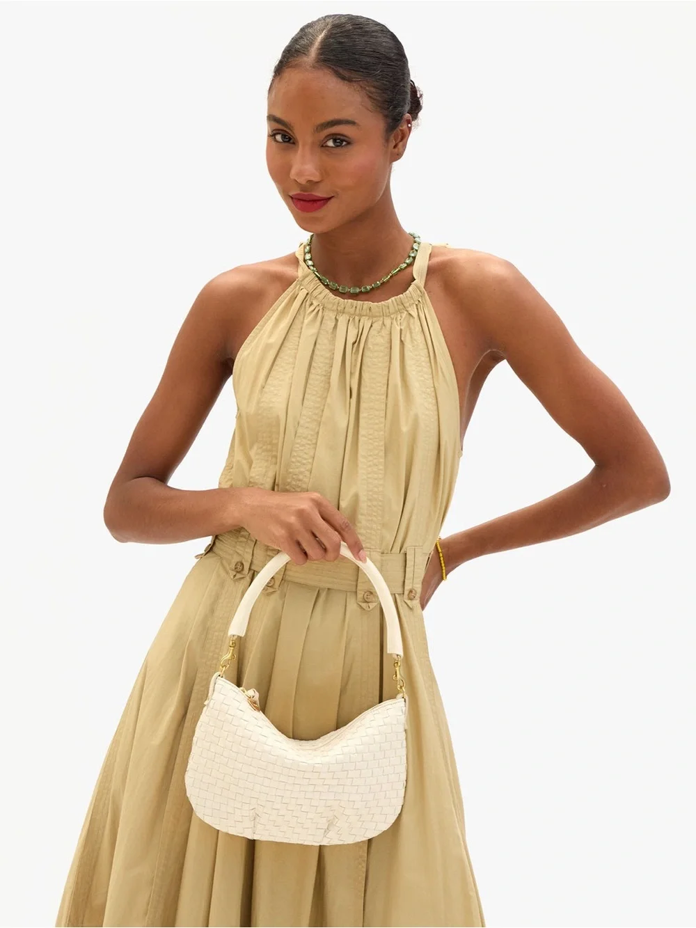 Clare V Petit Moyen Cream Woven Checker Leather Crossbody Shoulder Bag